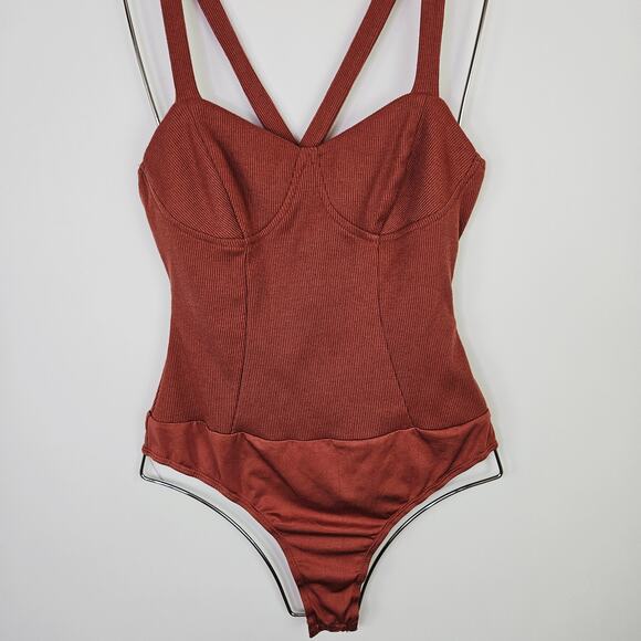 Lulus Bodysuit Medium Dusty Rose Pink Ribbed One Piece Cross Back Sleeveless - Picture 6 of 16